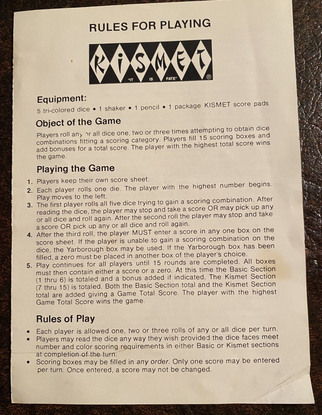 VINTAGE 1964 KISMET Game Instructions