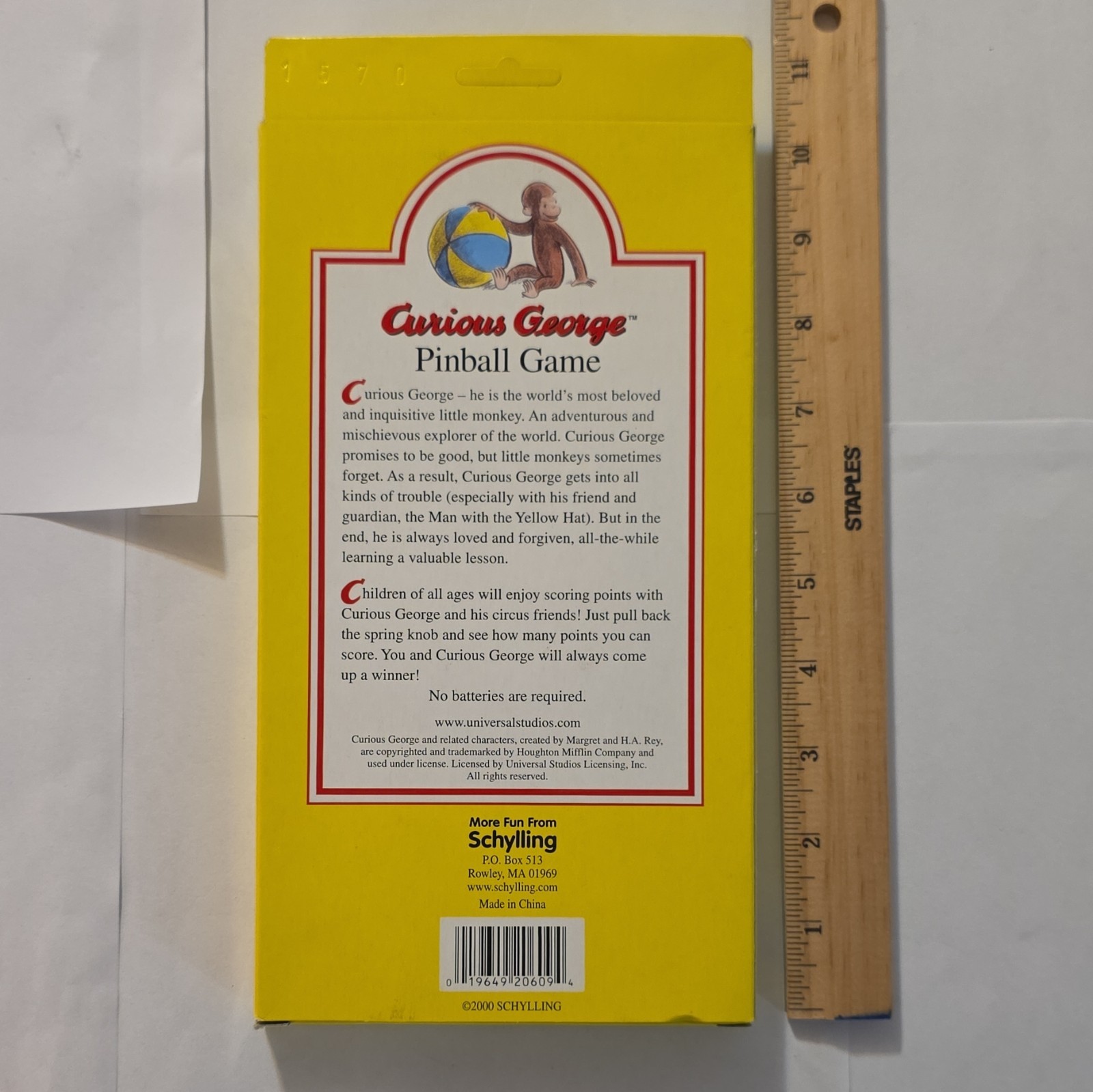 Schylling Curious George Pinball Game No Batteries Required 1 Player Age 3+ 2000