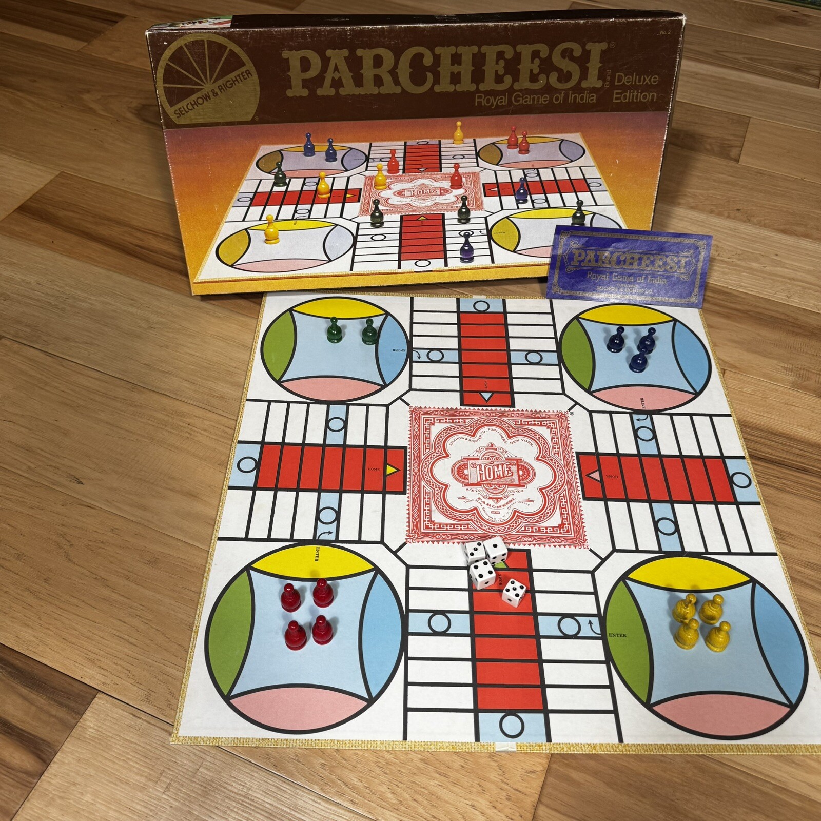 1982 DELUXE EDITION PARCHEESI Royal Game of India Selchow & Righter 3pc Missing