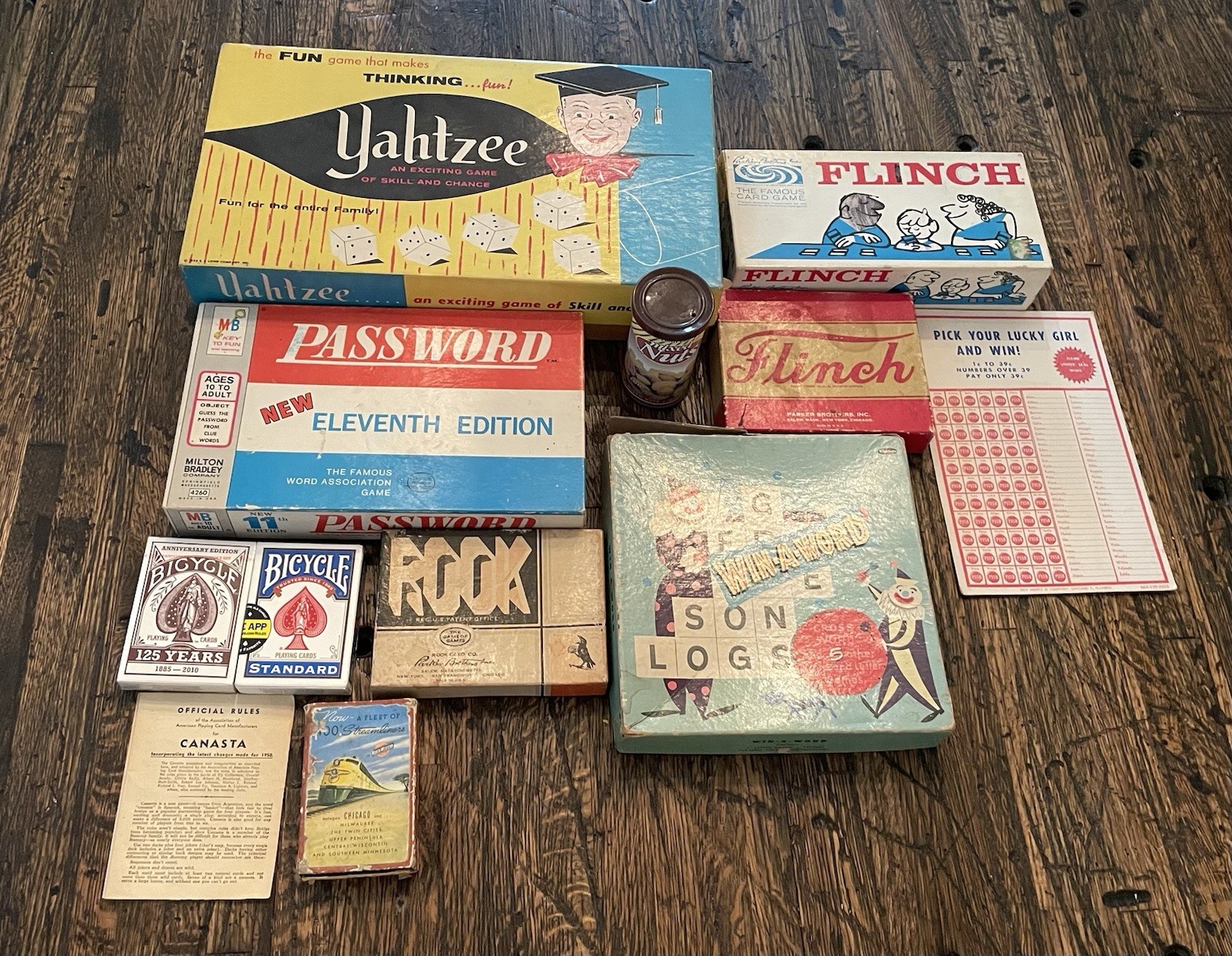 Vintage Games Lot Including Flinch, Password, Yahtzee, Rook, Canasta & Others