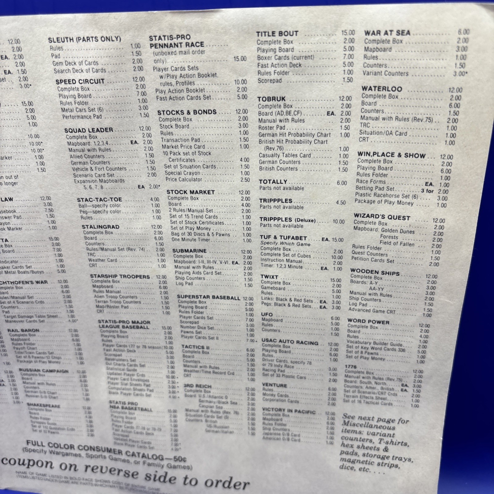 The Avalon Hill Game Company Fall-Xmas 1979 Original Parts List Order Form