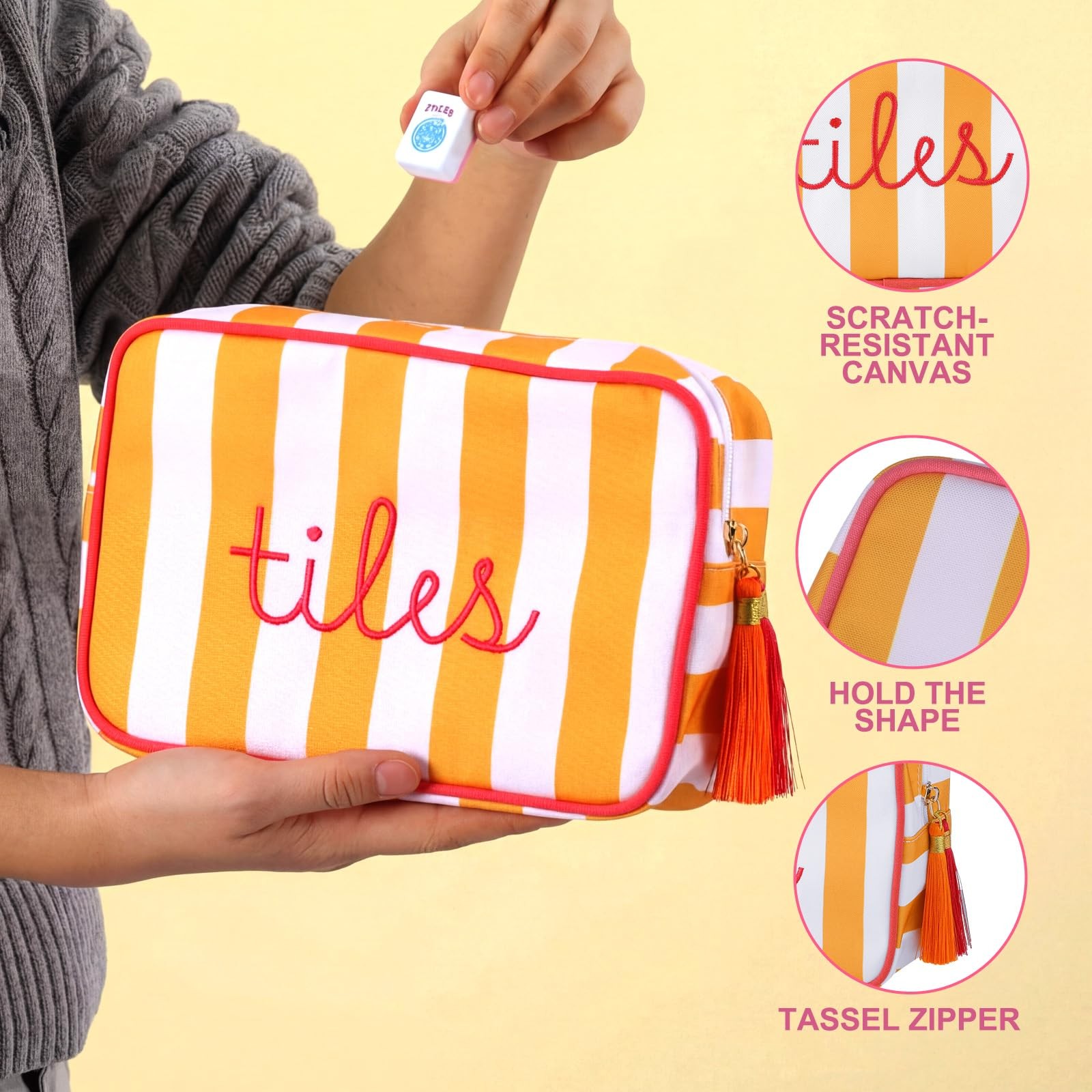 Mahjong Tile Bag with Zipper, Striped Embroidered Mahjong Storage Pouch Mah J…