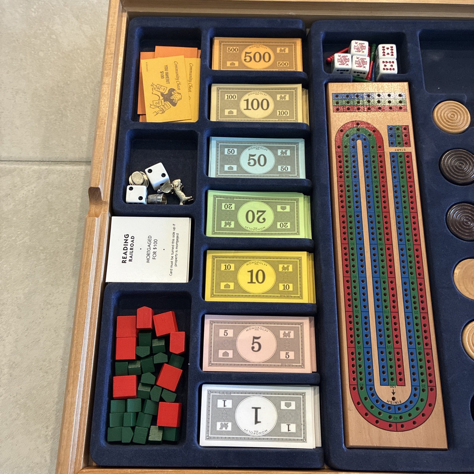 2003 Wood Case Monopoly/Sorry/Cribbage/Checkers/Chess/Cards/Poker Dice Read