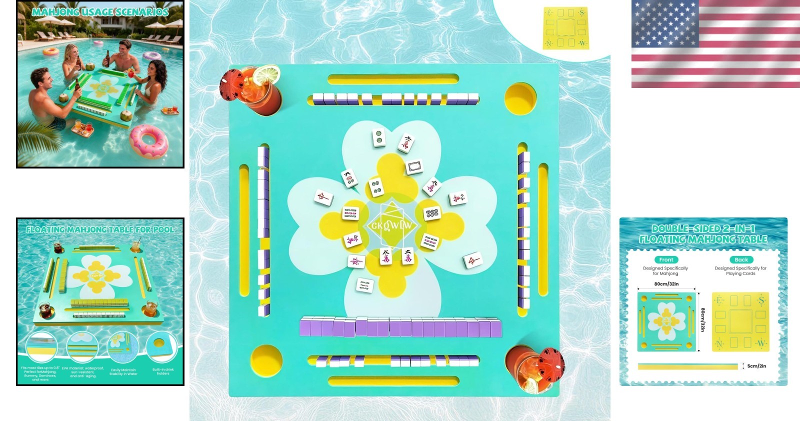 Floating Mahjong Table Double Sided 32-inch Waterproof Water Game Tray for Pool