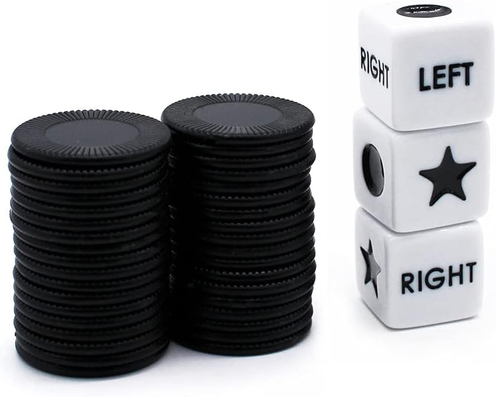 Left Right Center Dice Game Set with 3 Dices + 36 Black Chips (Black)