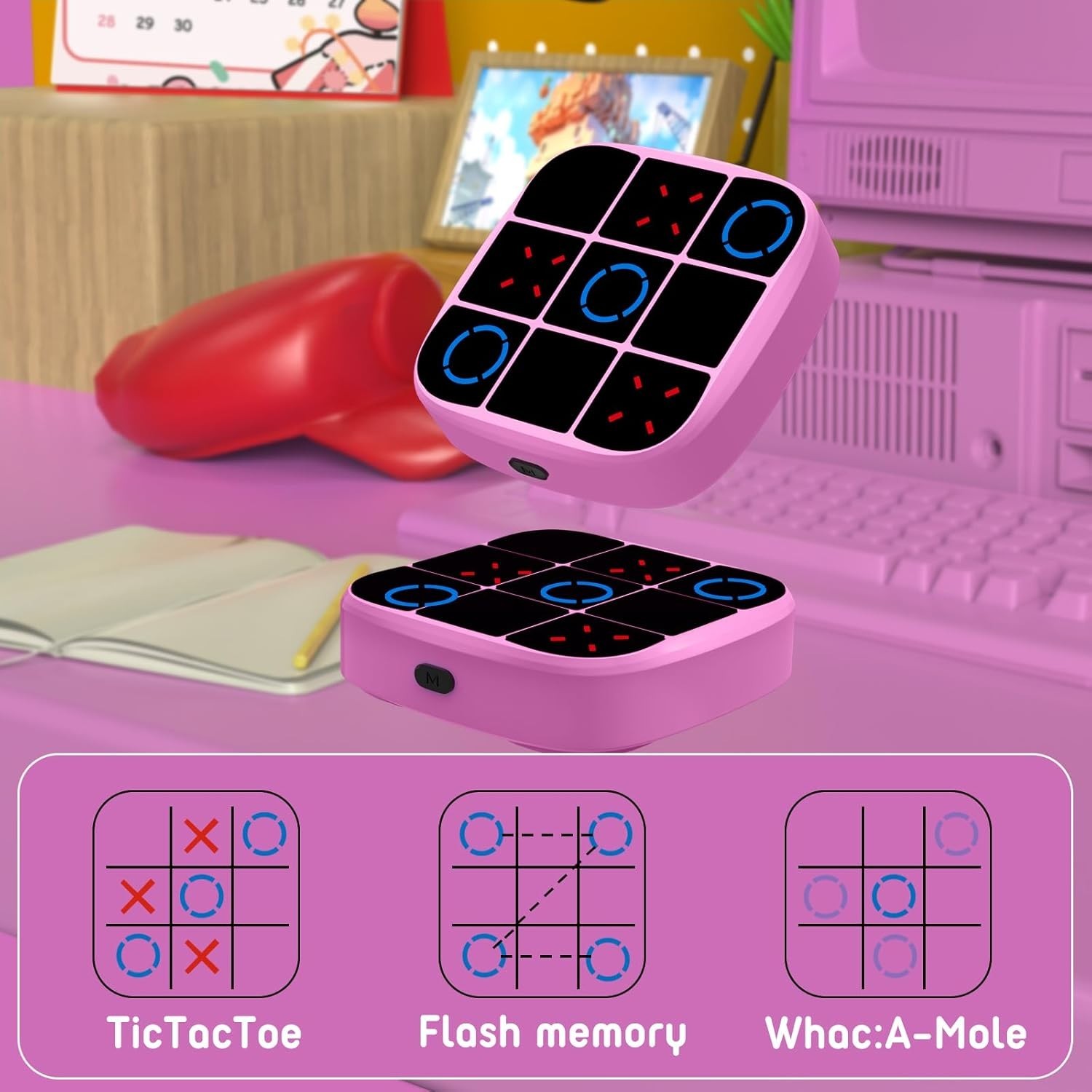Portable Pink 4-in-1 Tic-Tac-Toe Game: Perfect for Car Rides and Gatherings