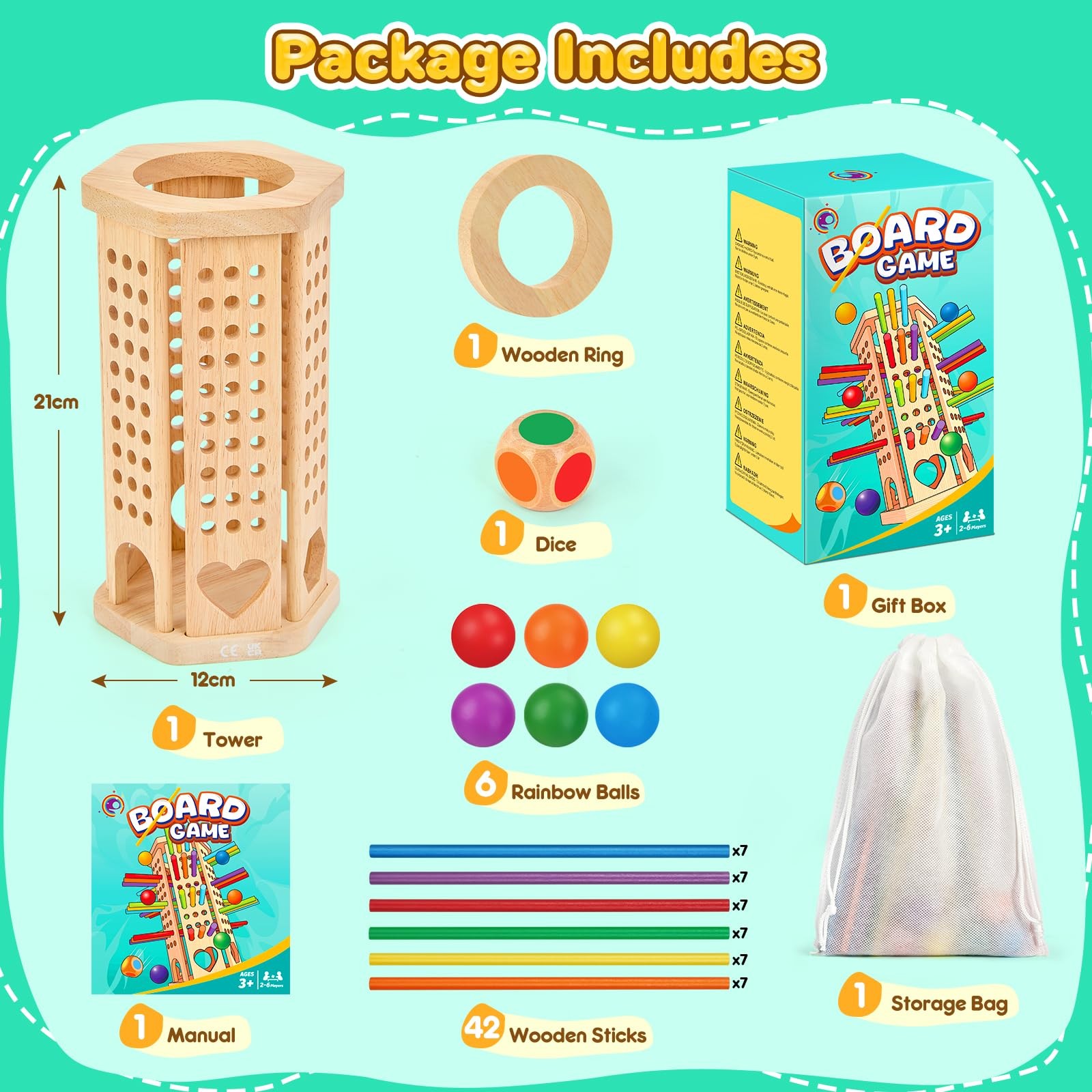 Montessori Wooden Board Game, 42-Stick Dice Game, Math Puzzle for 3 4 5 6 Yea…