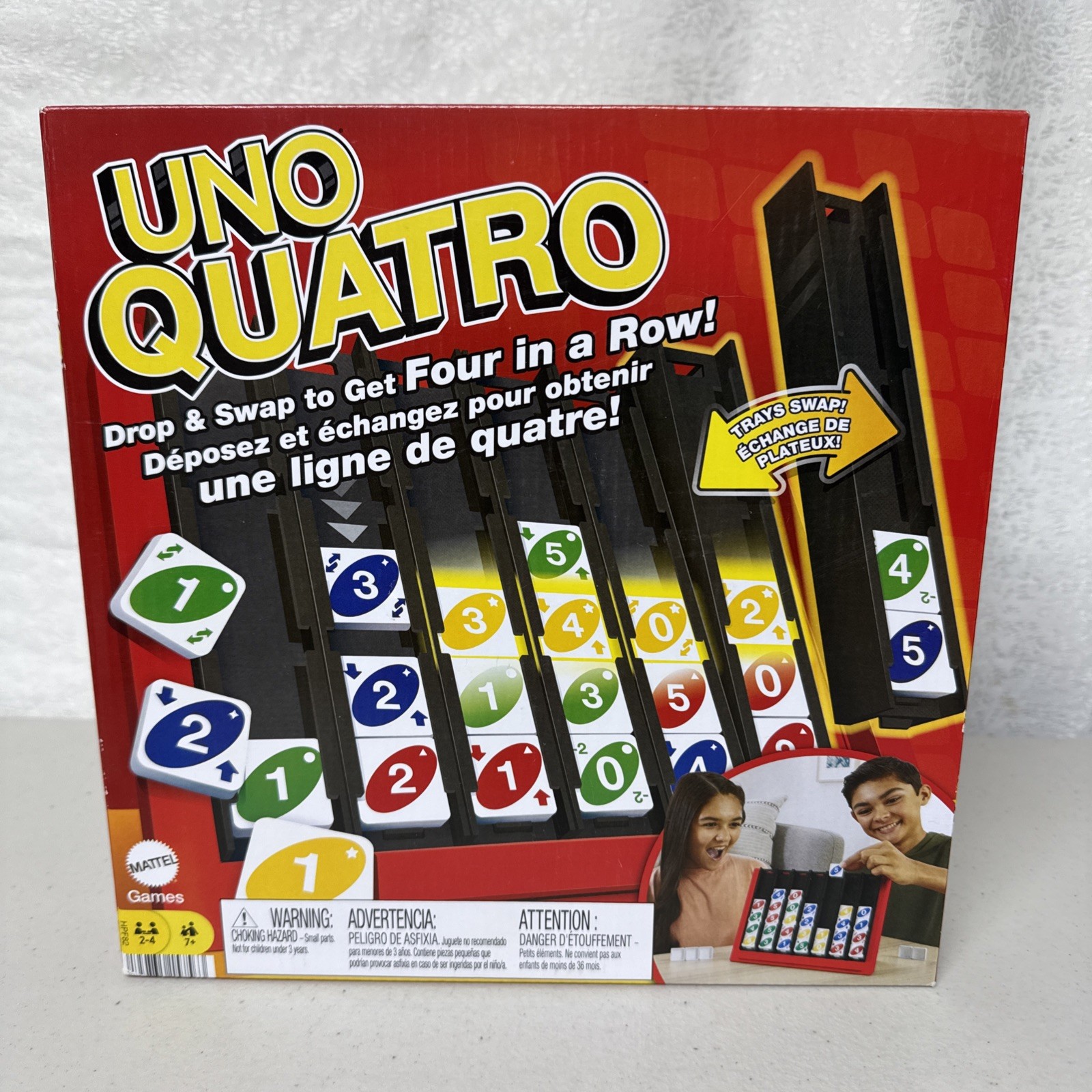 UNO Quatro Game with Colored Tiles & Plastic Game Grid for Adults/Family