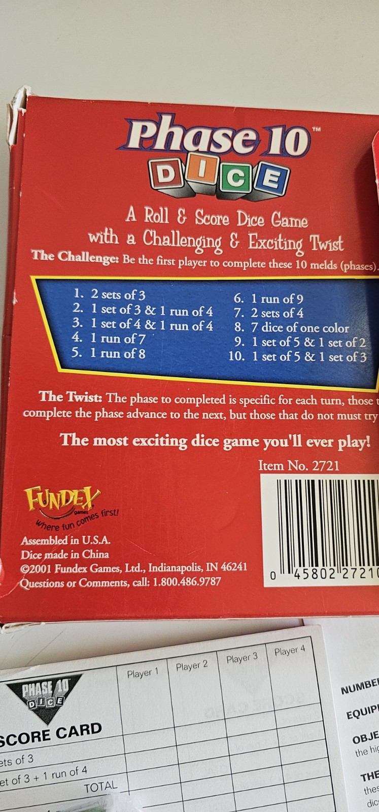 Phase 10 Dice Game – Red Box – 2001 Fundex Games – Open Box