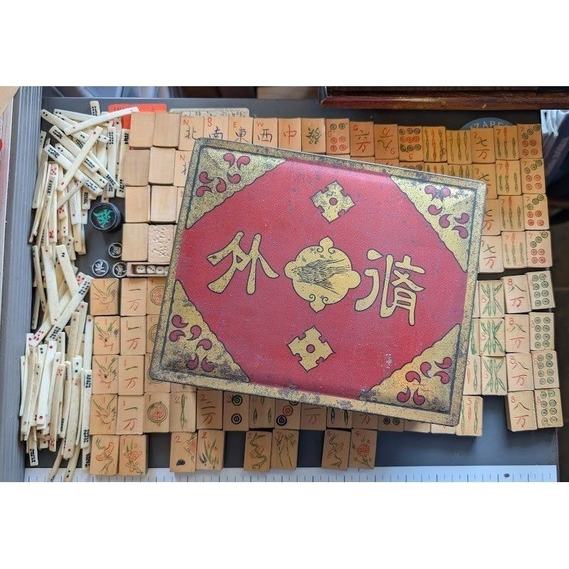 Antique 20s Admiral Mahjong Set Bone Bamboo Tiles Sticks Tin Box Hand Carved
