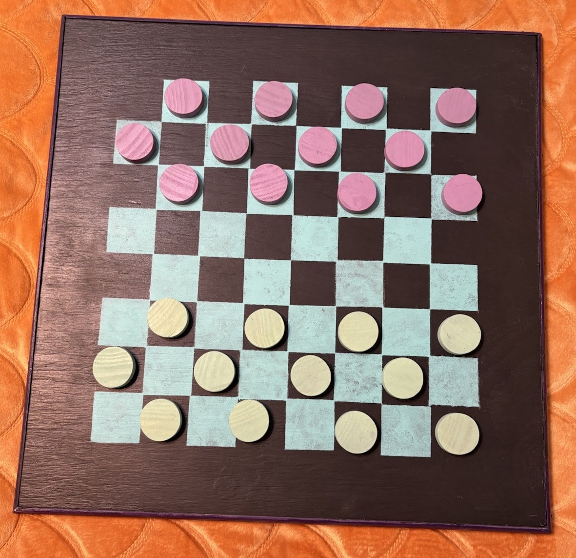 Game Board 16 x 16 in Black And Teal Checkerboard With Green & Purple Checkers