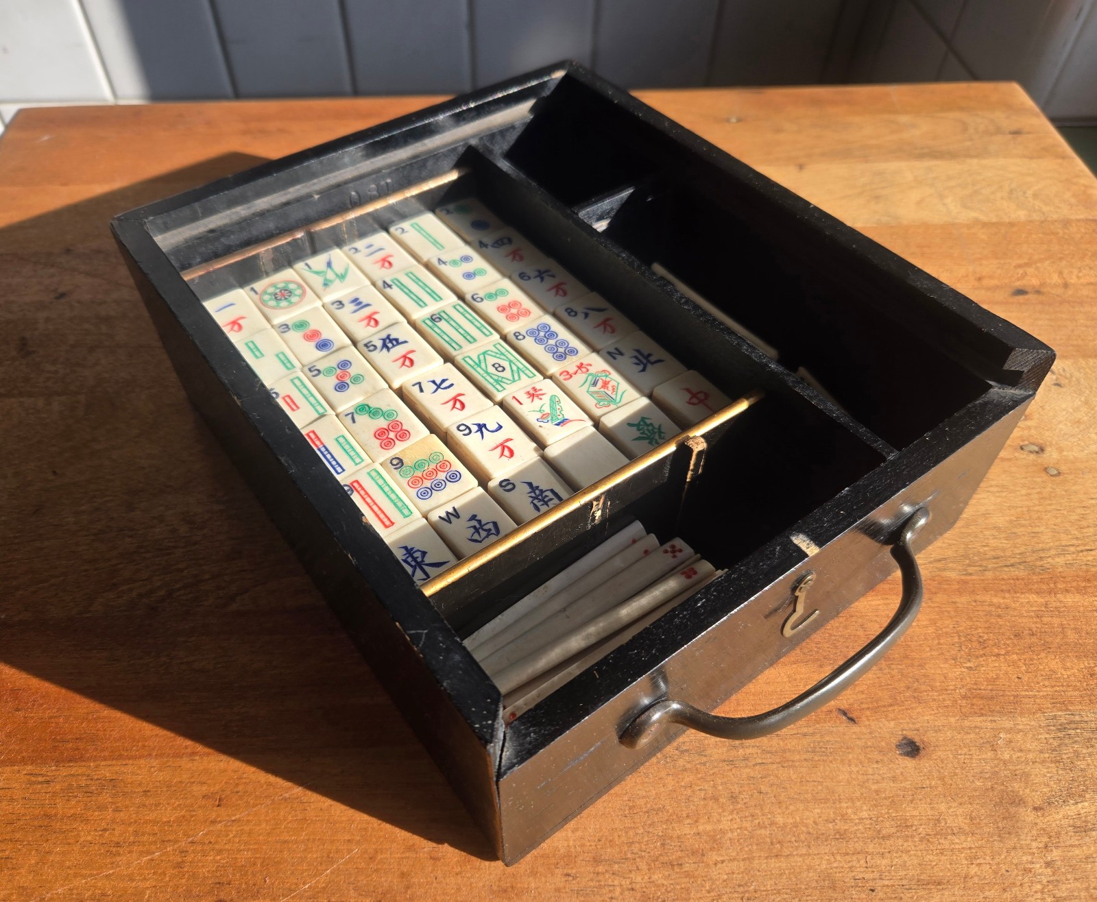 Antique Mah Jong Wooden Box Set, 144 Bone and Bamboo Tiles