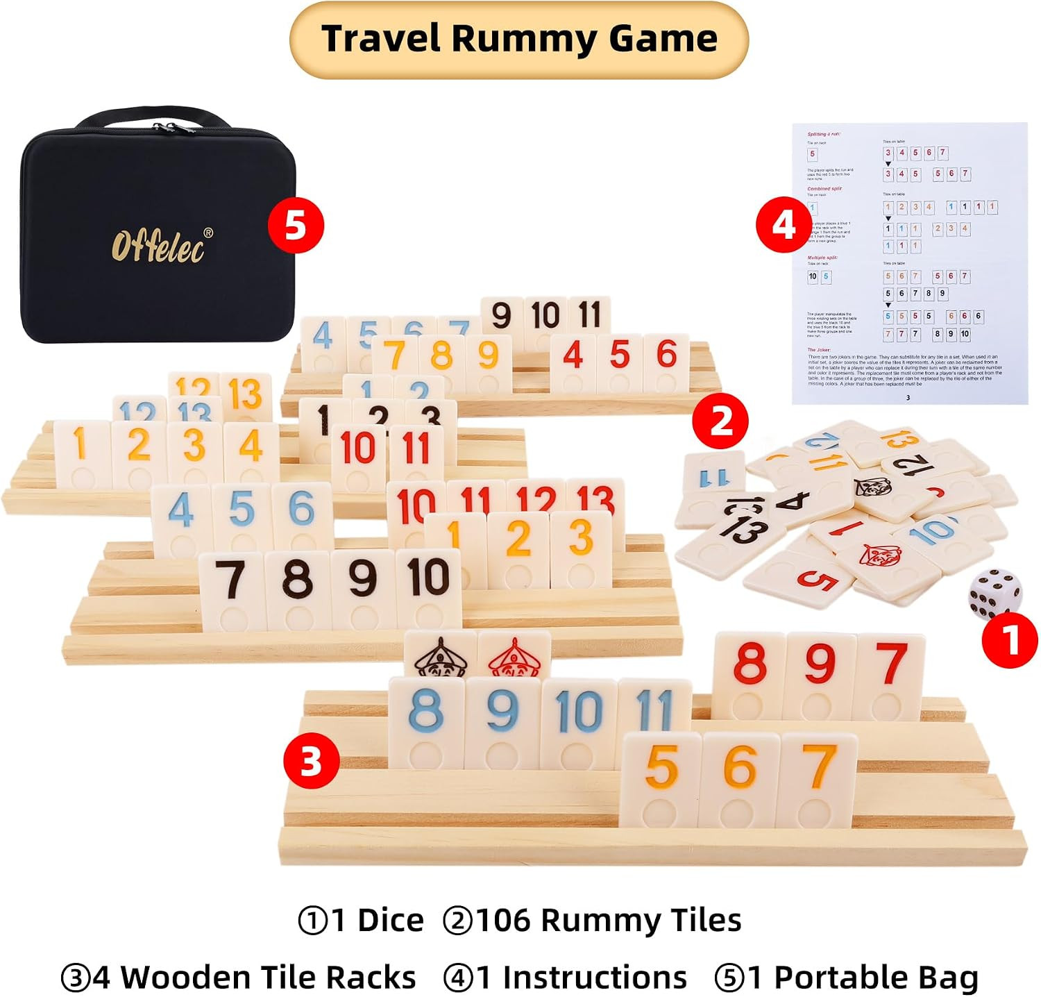 Upgraded Rummy Cube Game Set & 4 Wooden Racks, 106 Large Number Rummy Tiles and