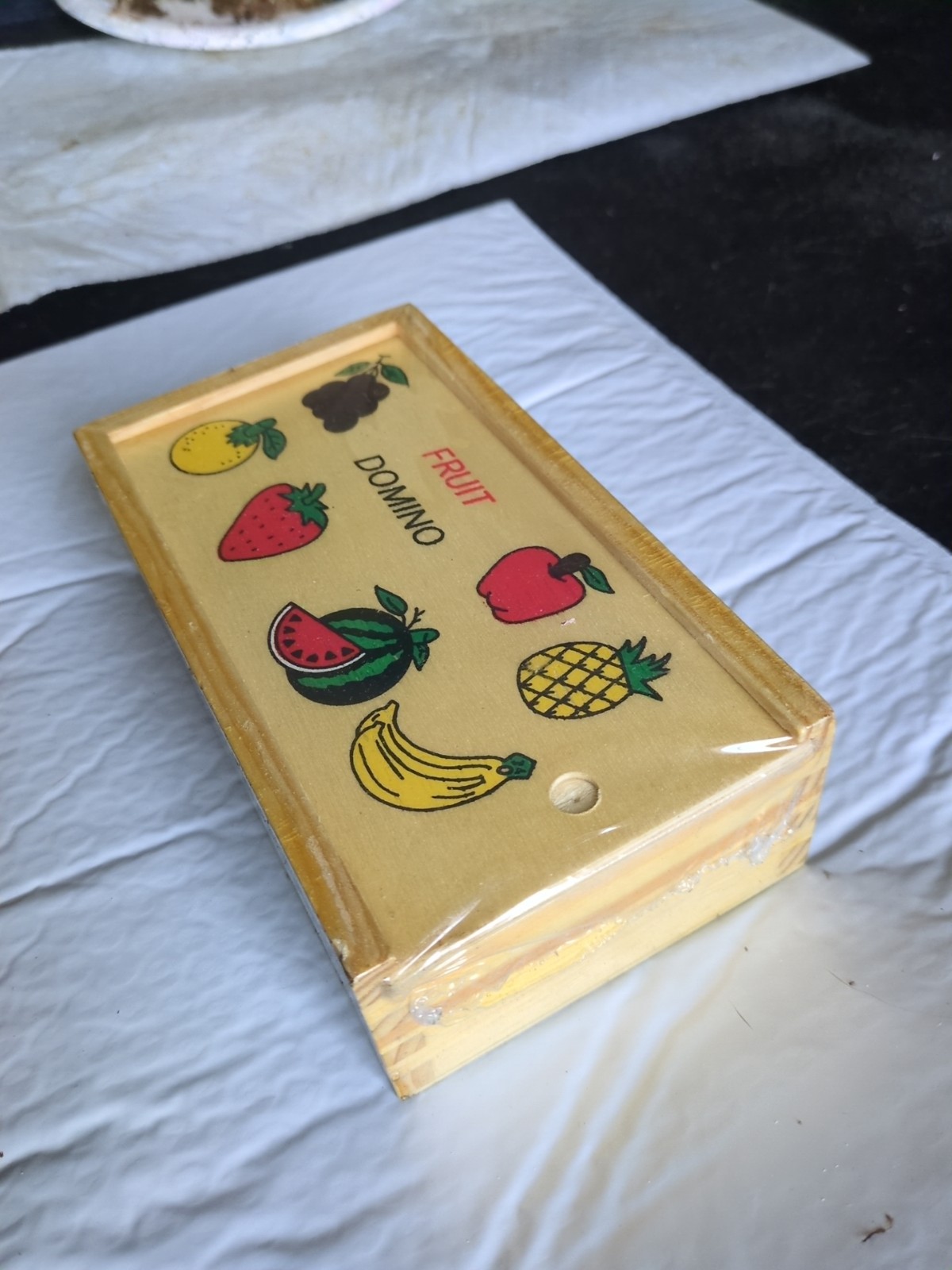 Vtg. Dove Tail Wooden Box Colorful Fruit Domino Set Sealed NOS New Kids Game