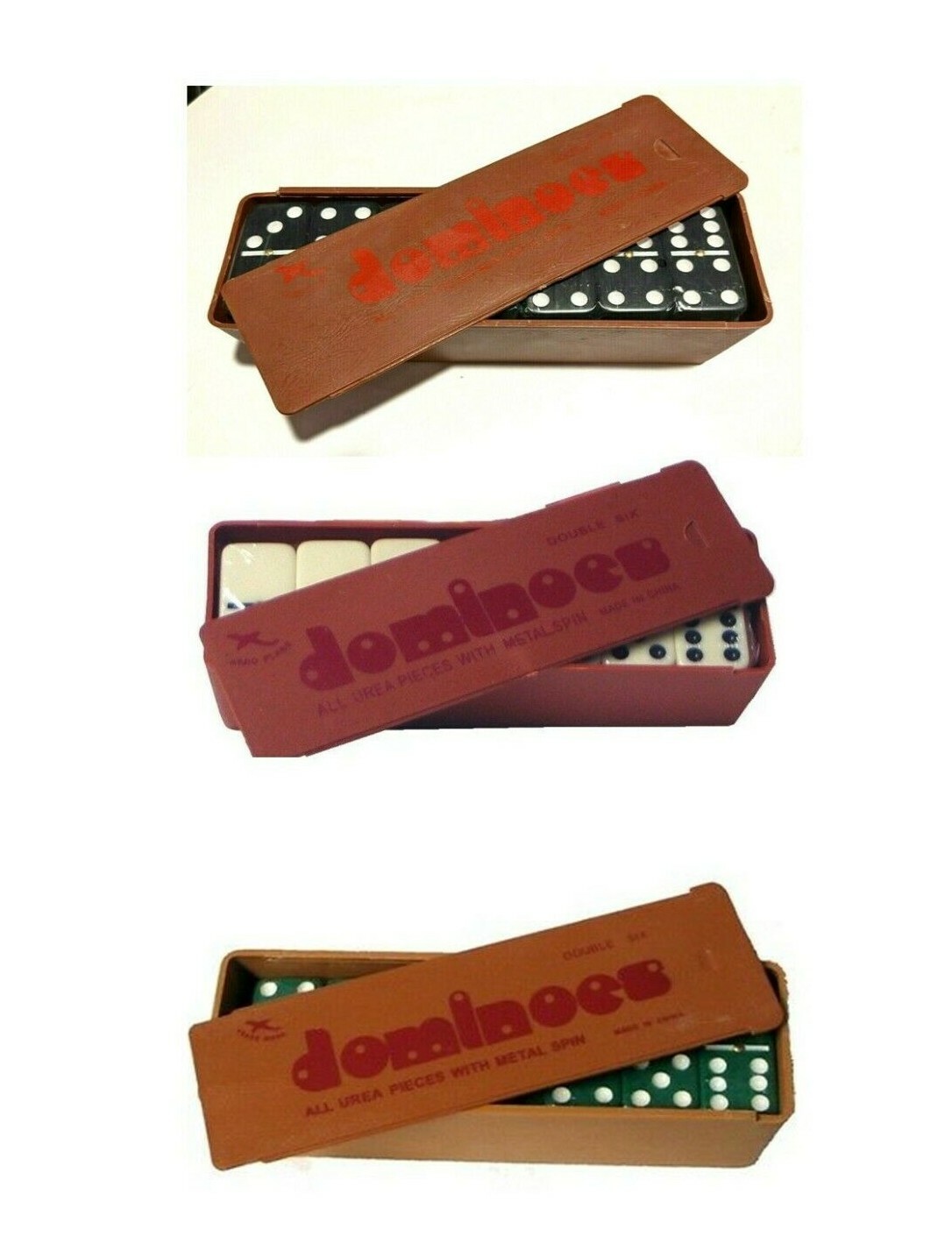 6 SETS DOMINOES GAME 28 DOUBLE SIX IN PLASTIC CASE 2 WHITE ,2 GREEN, 2 BLACK
