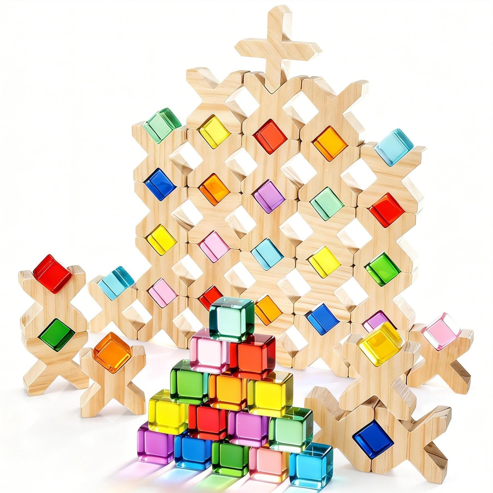 Wooden Building Blocks 48 PCS Rainbow Acrylic Gem Cubes Montessori STEM 3-6 Kids