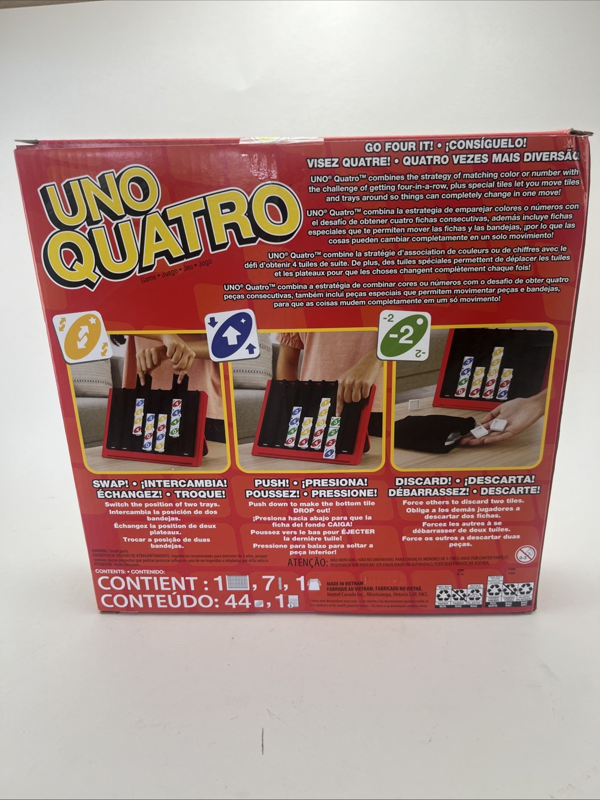 UNO Quatro Game with Colored Tiles & Plastic Game Grid New Open Box