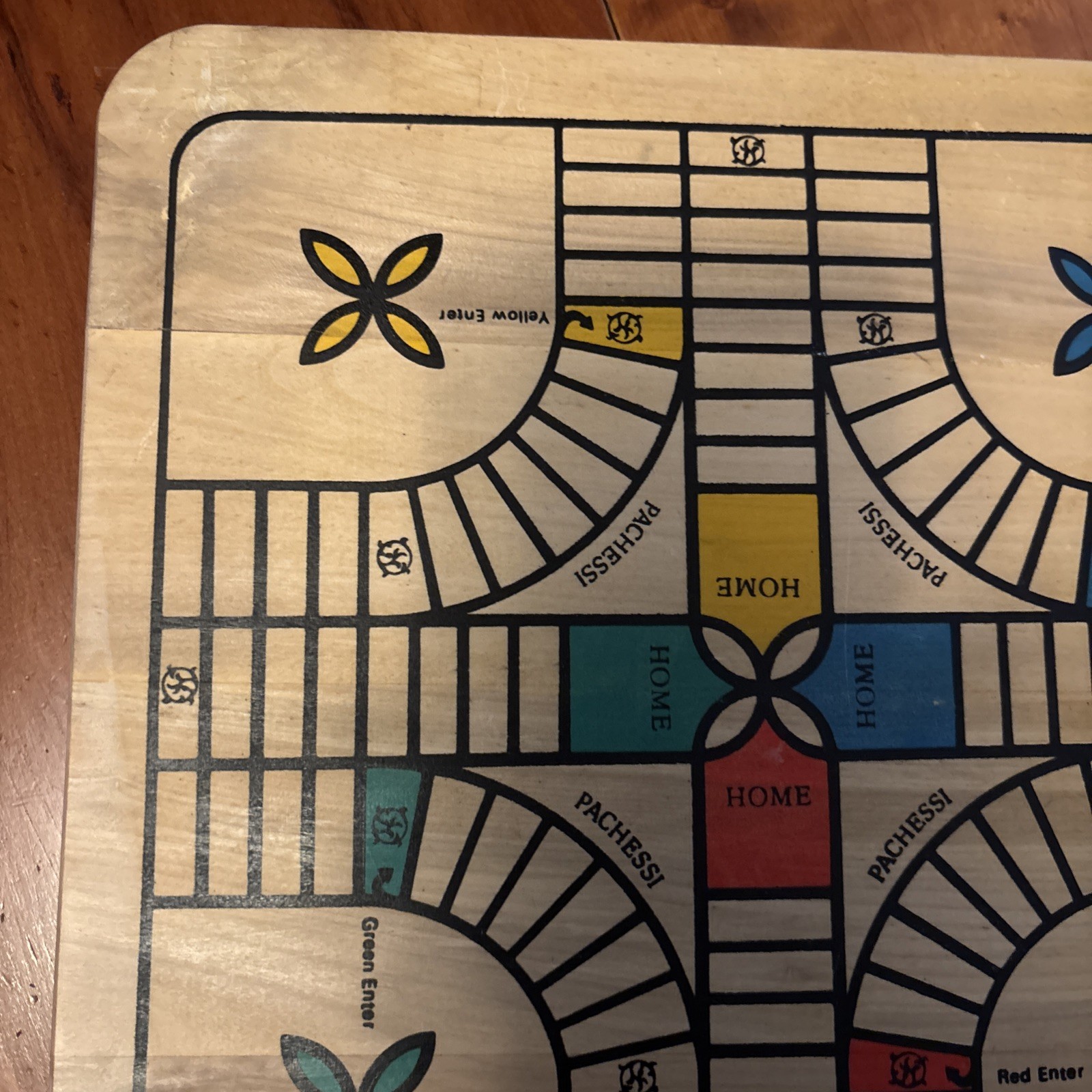 Vintage Wooden Painted Reversible Chess/Checkers/Pachesi Board Game 11″