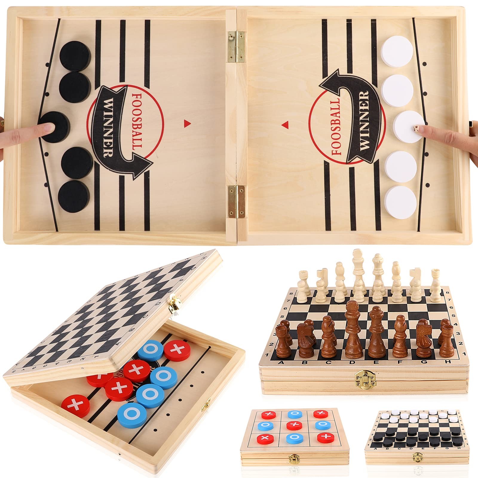Sling Puck Game, Chess Checkers Game Set, 4 in 1 Folding Wooden Board Game, F…