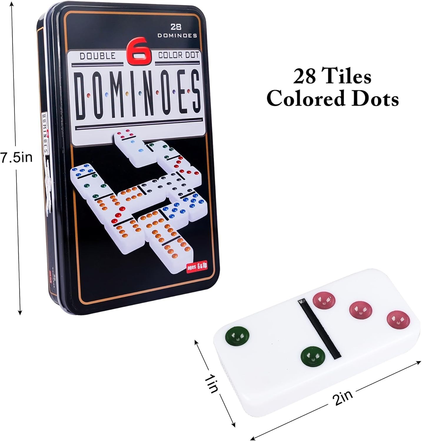 Double Six Dominoes Set 28 Domino Tiles Double 6 Dominos w/ Storage Tin Classic