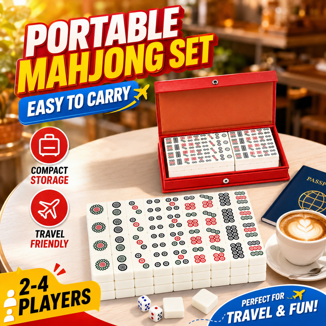 Travel Size Mahjong Set 144 Tiles 2 Dice Compact Red Case Family Gift Game