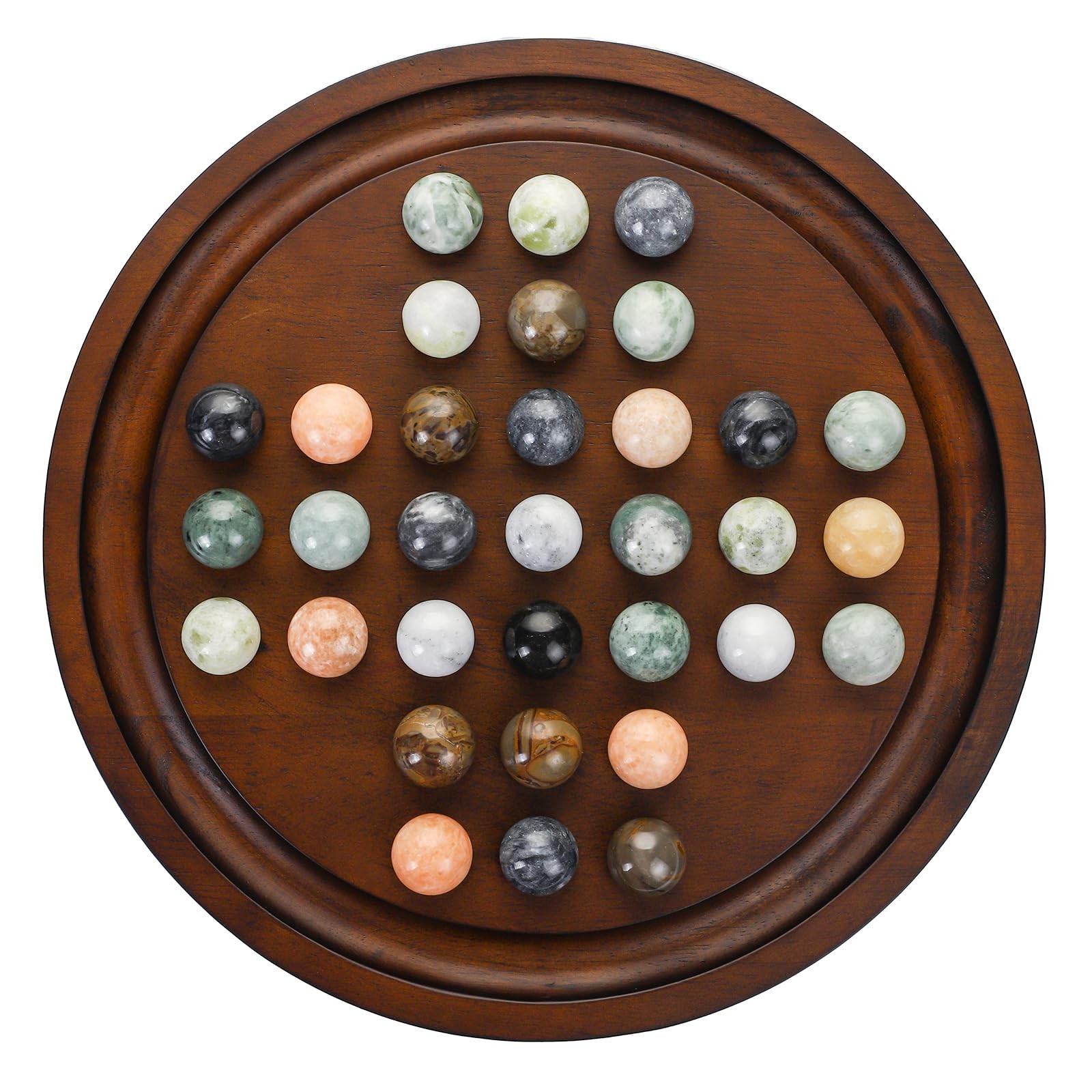 Solitaire Game,12.7-Inch inches Solid Wooden Board with 33 Natural Marble Balls,