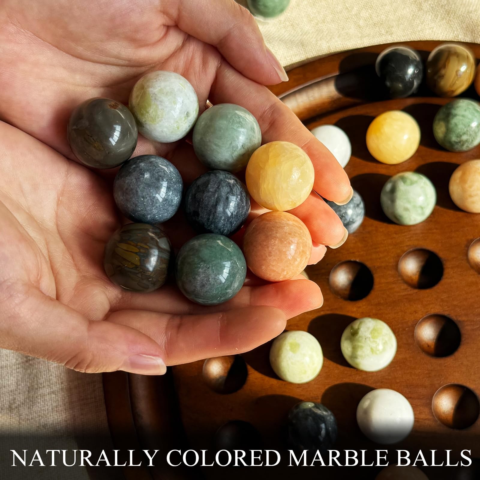 Solitaire Game,12.7-Inch inches Solid Wooden Board with 33 Natural Marble Balls,