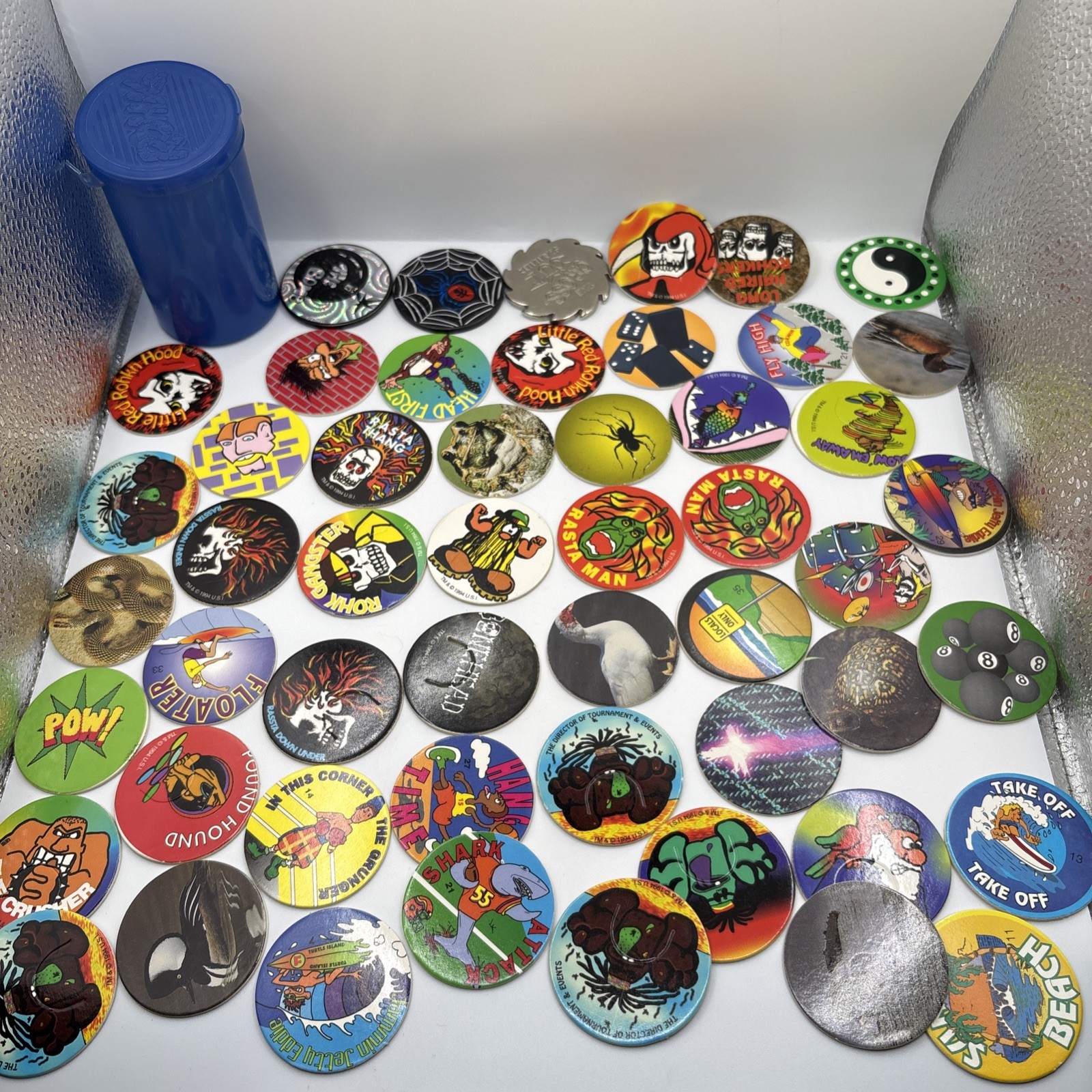 1994 Rohks Cap Game Power Kit 49 Caps 3 Slammers 1 Milk Cap Container – Pogs