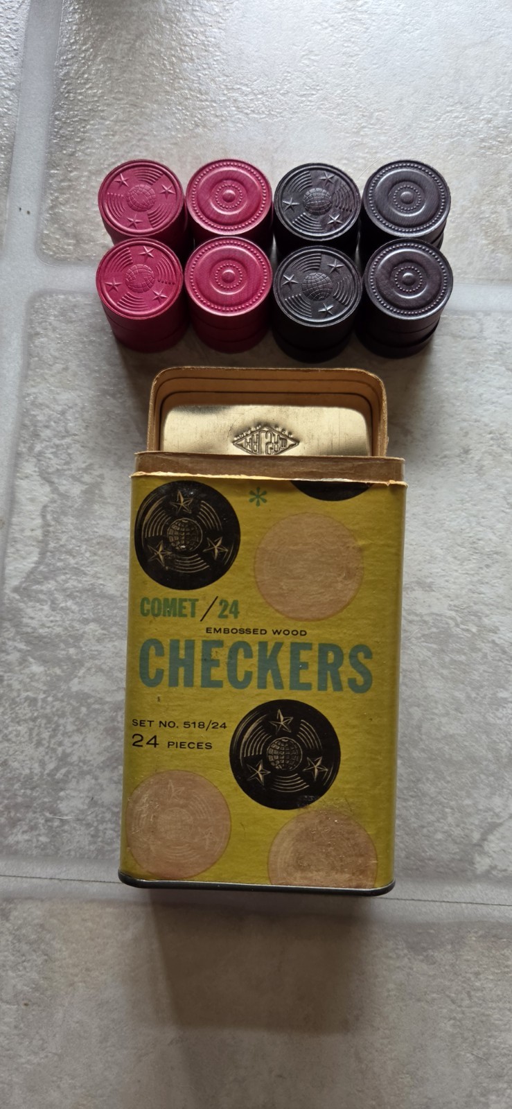 Vintage Halsam Comet/24 Embossed Wood Checkers Set No. 518 Complete (USA)