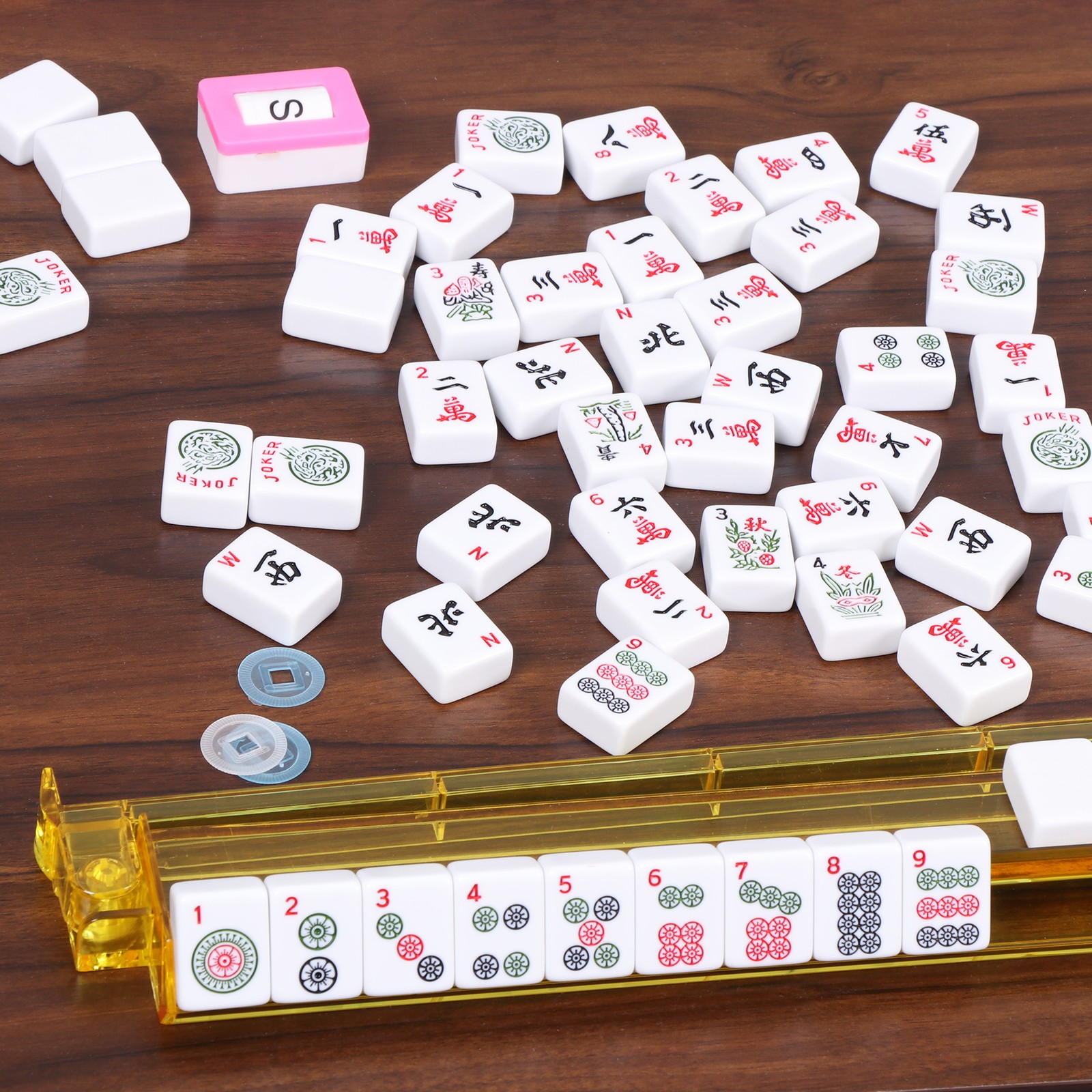 American Mahjong Set,166 Premium White Tiles 4 All-in-One Mahjong Racks/Pushers