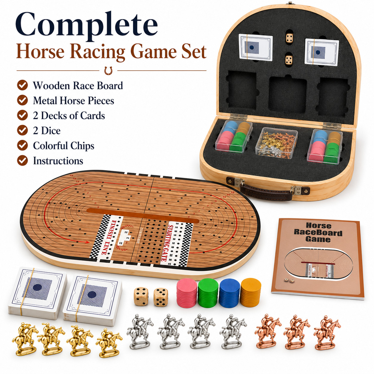 24.8in Wooden Horse Racing Board Game Foldable Large Race Track Set w Accessorie