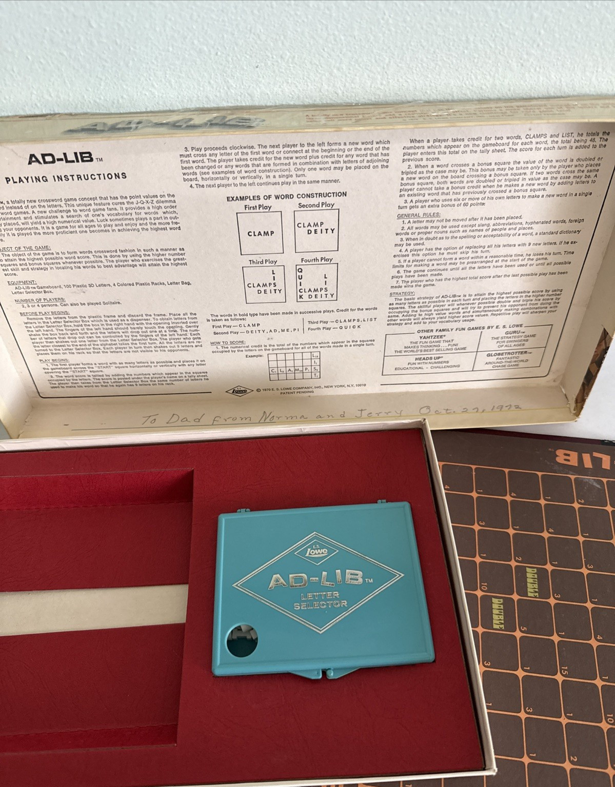 Vintage 1970 AD-LIB Crossword Board Game E.S. Lowe No. 940 – USED READ