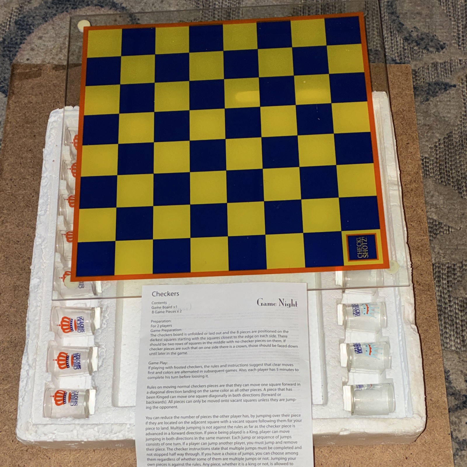 GLASSChecky Shotz Checkers Board Game Drinking Set w/ Shot Glasses, Yellow/Blue