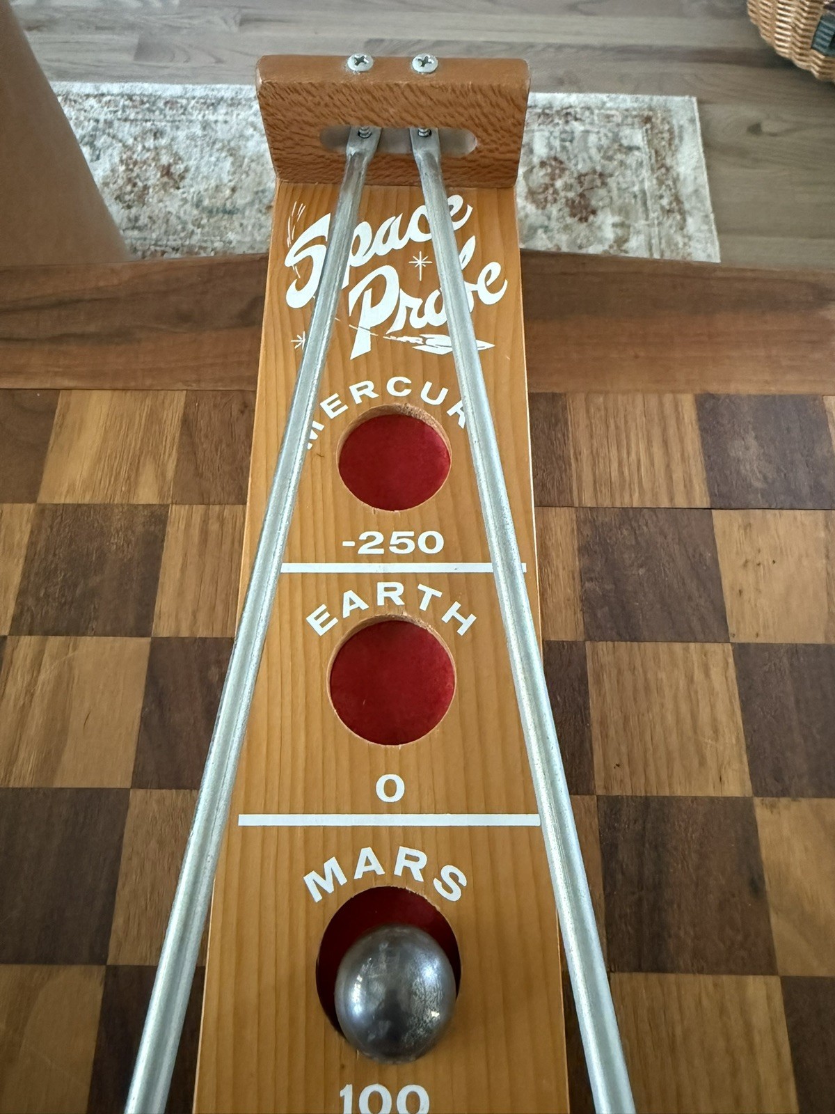 Vintage 1960’s Atomic Space Probe Wooden Rolling Ball Gravity Skill Game MCM
