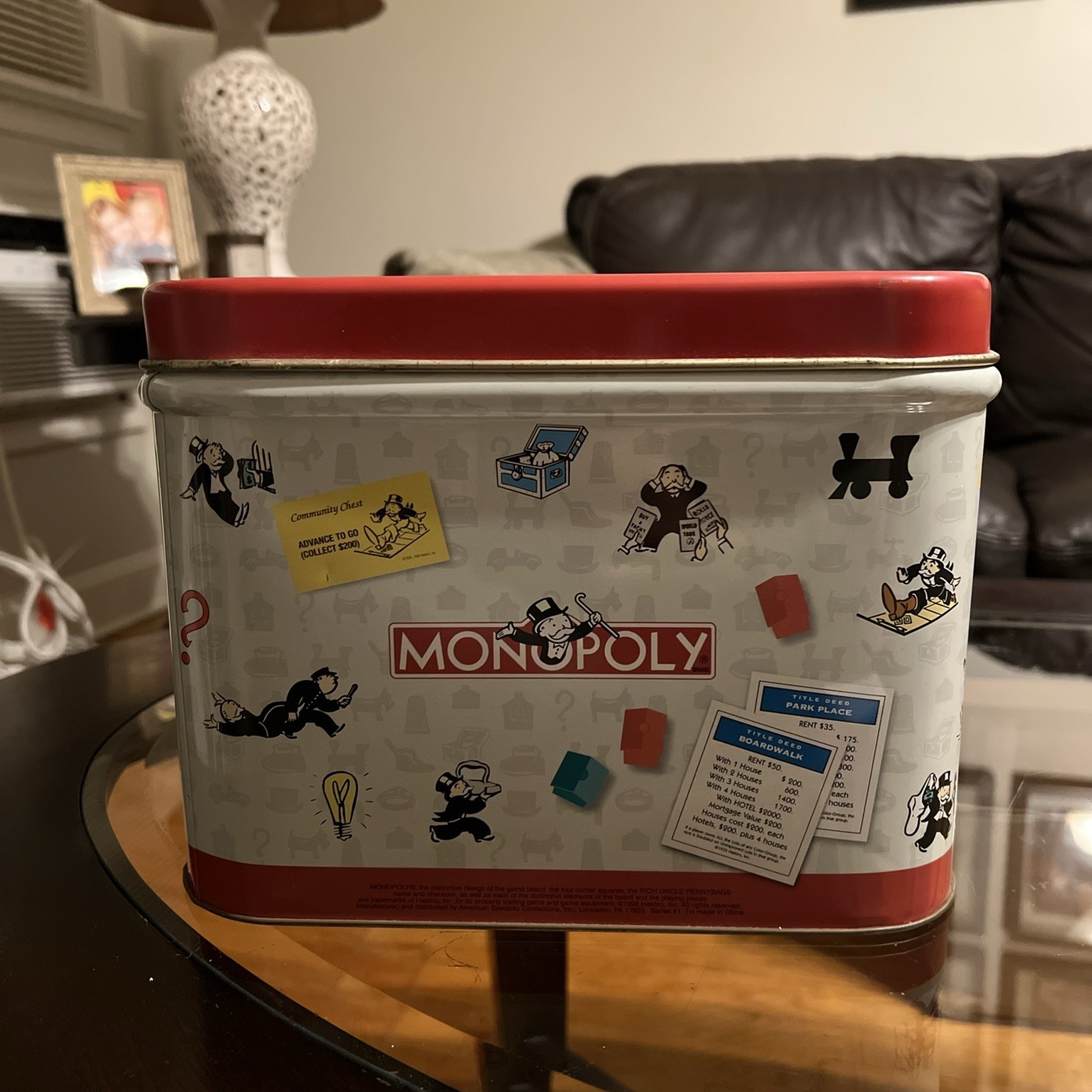Vintage Hasbro Monopoly Popcorn Tin Toy Chest 1998 Large 13.5×9.25×7.5″‘