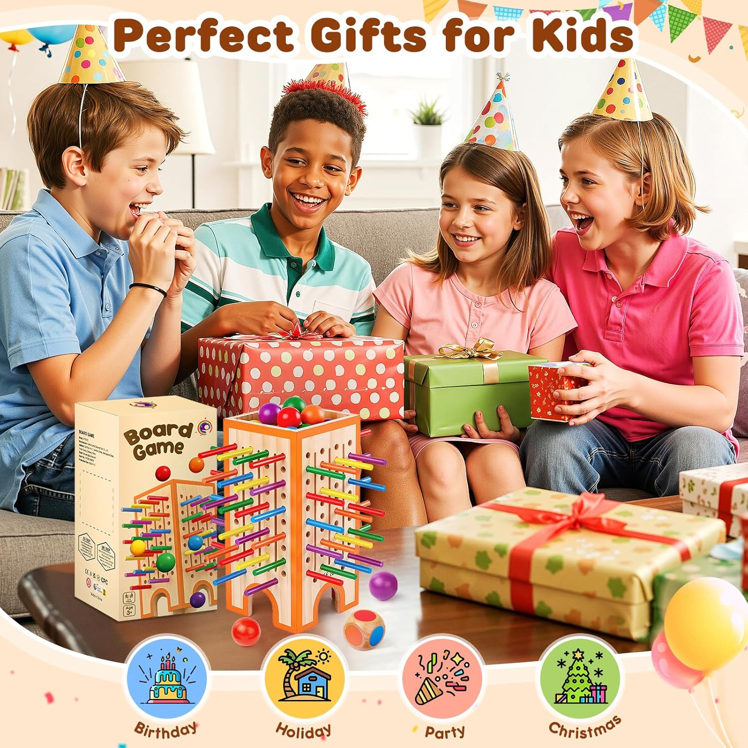 Montessori Board Game for Kids 4-6, 42 Colorful Wooden Sticks Dice Game with 12