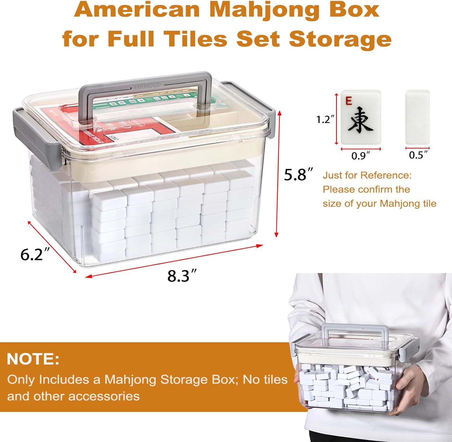 Empty Mahjong Tile Storage Box with Removable Tray, Holds 160-200 Tiles