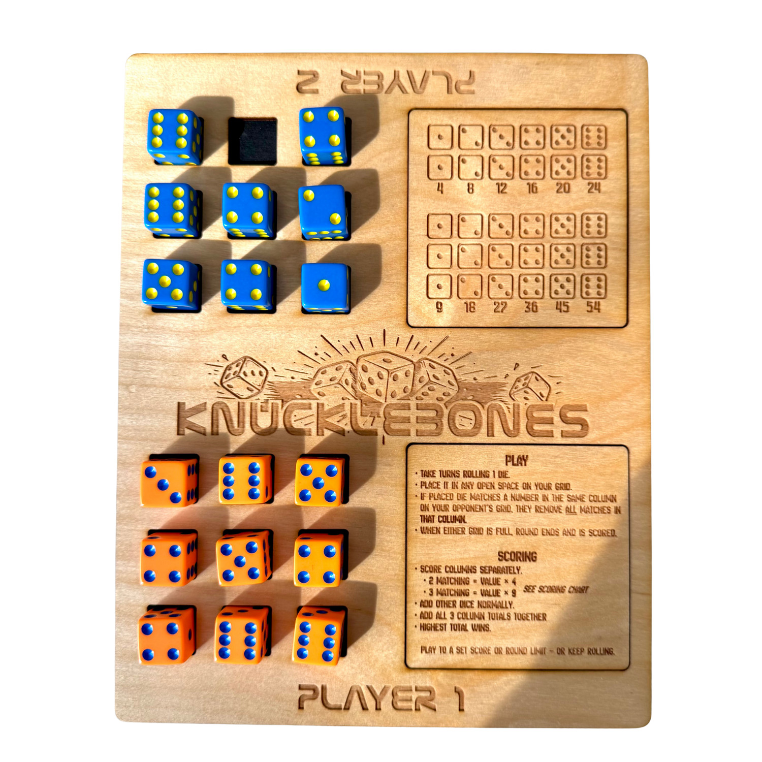 Handcrafted Wooden Knucklebones Dice Game – 2 Player Strategy Board w/ 18 Dice
