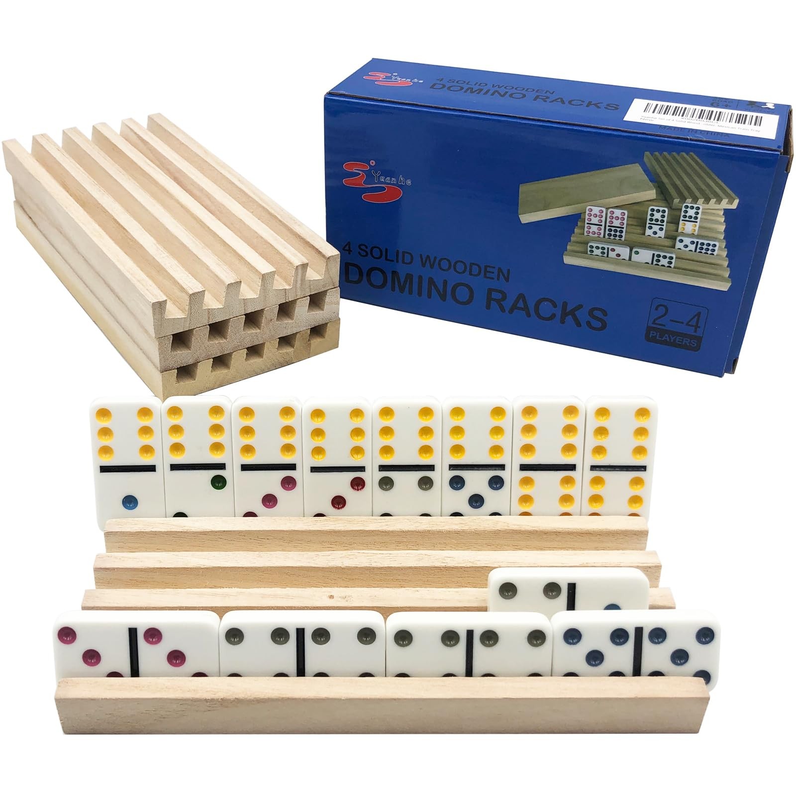 Domino Holder Trays Rack – Set of 4 Wooden Tiles Stand Holders for Mexican Train