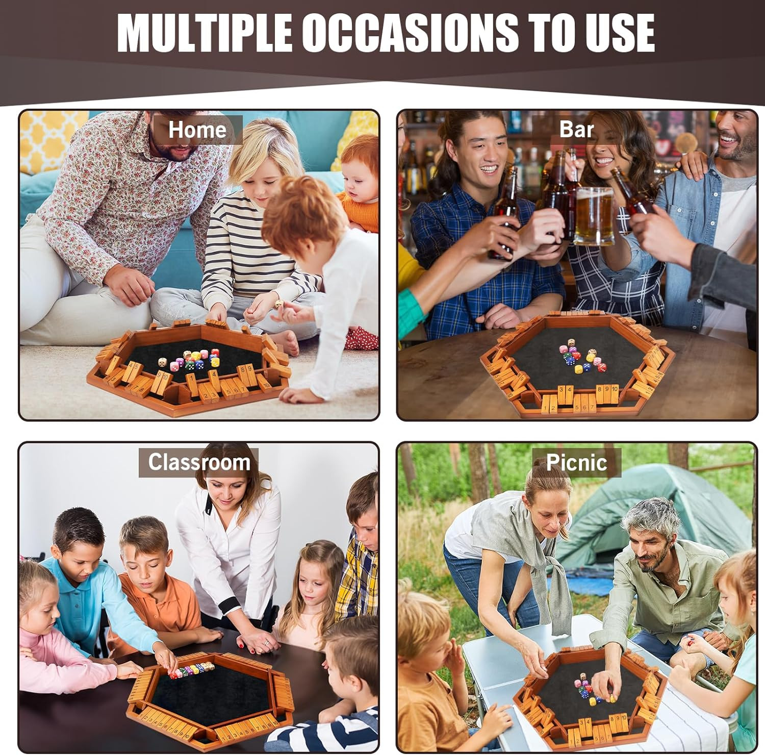 1-6 Players Shut The Box Dice Games, Wooden Board Table Math Game with 16 Dice a