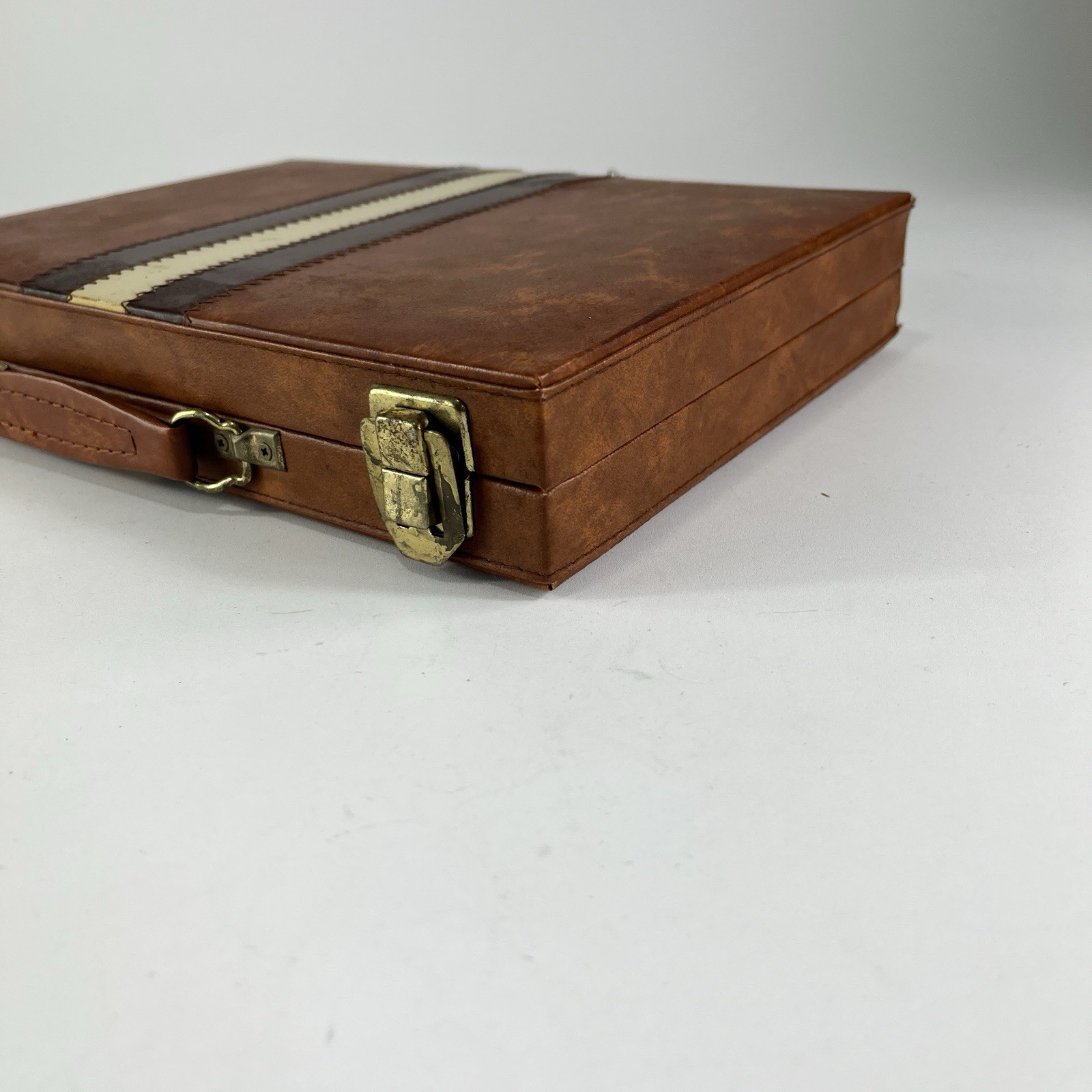Backgammon Travel Case Game Complete Brown & White Faux Leather Vintage