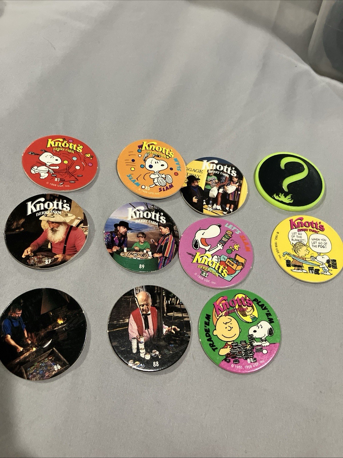 Lot Of 11 Vintage POGs Misc. Knotts Berry Farm Snoopy Socal Pog Championship