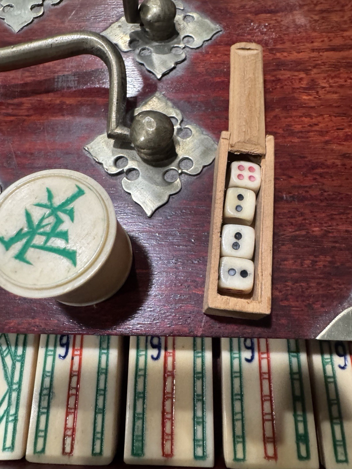 Antique Mahjong 5 Drawer Wood Box Set Bamboo Bone w/DICE/Tiles/Hand Colored