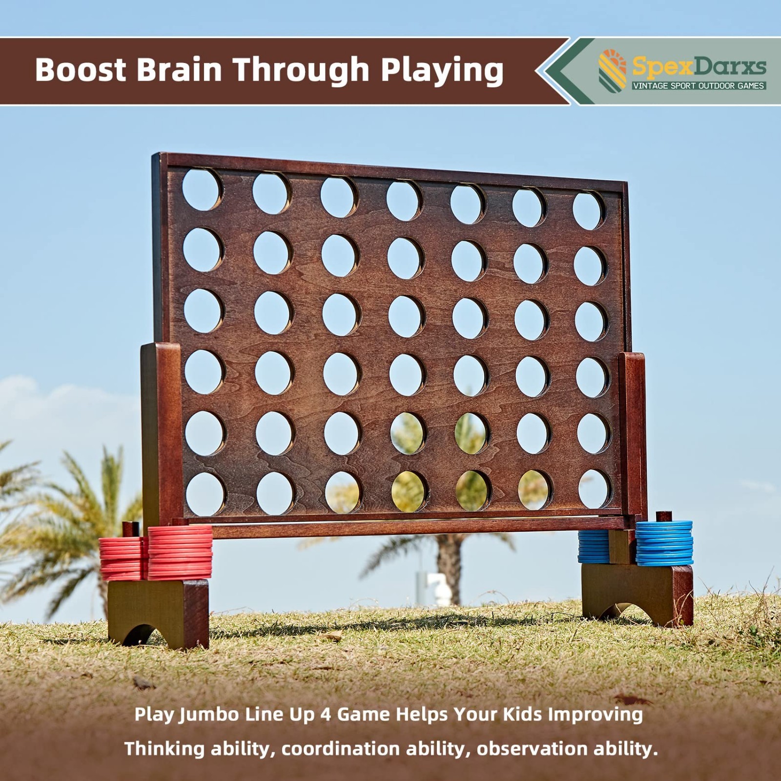 Jumbo 4 in a Row Game – Wooden 4-to-Score Set for Indoor/Outdoor Family Fun, Tra