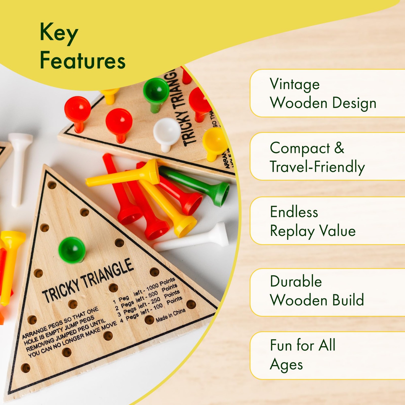 3 Pack – Wooden Triangle Peg Board Game – Retro Mini Travel Game