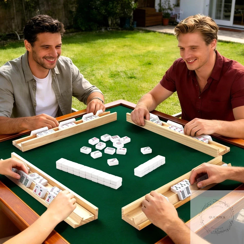 Wooden Mahjong Racks with Pushers, Set of 4, Solid Wood Tile Racks with Push Sli