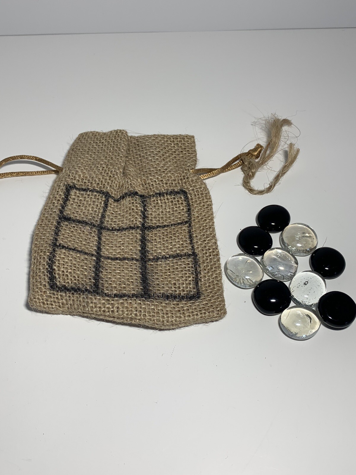 Handmade Tic-Tac-Toe Game Travel Size Burlap Sack with Flat Marble Markers