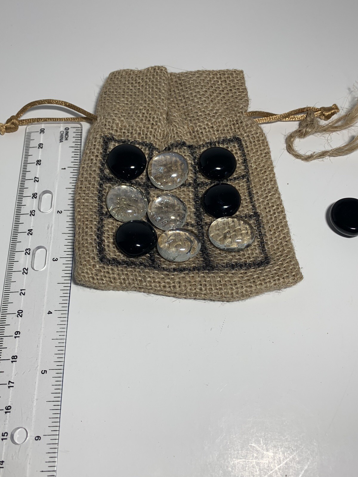 Handmade Tic-Tac-Toe Game Travel Size Burlap Sack with Flat Marble Markers
