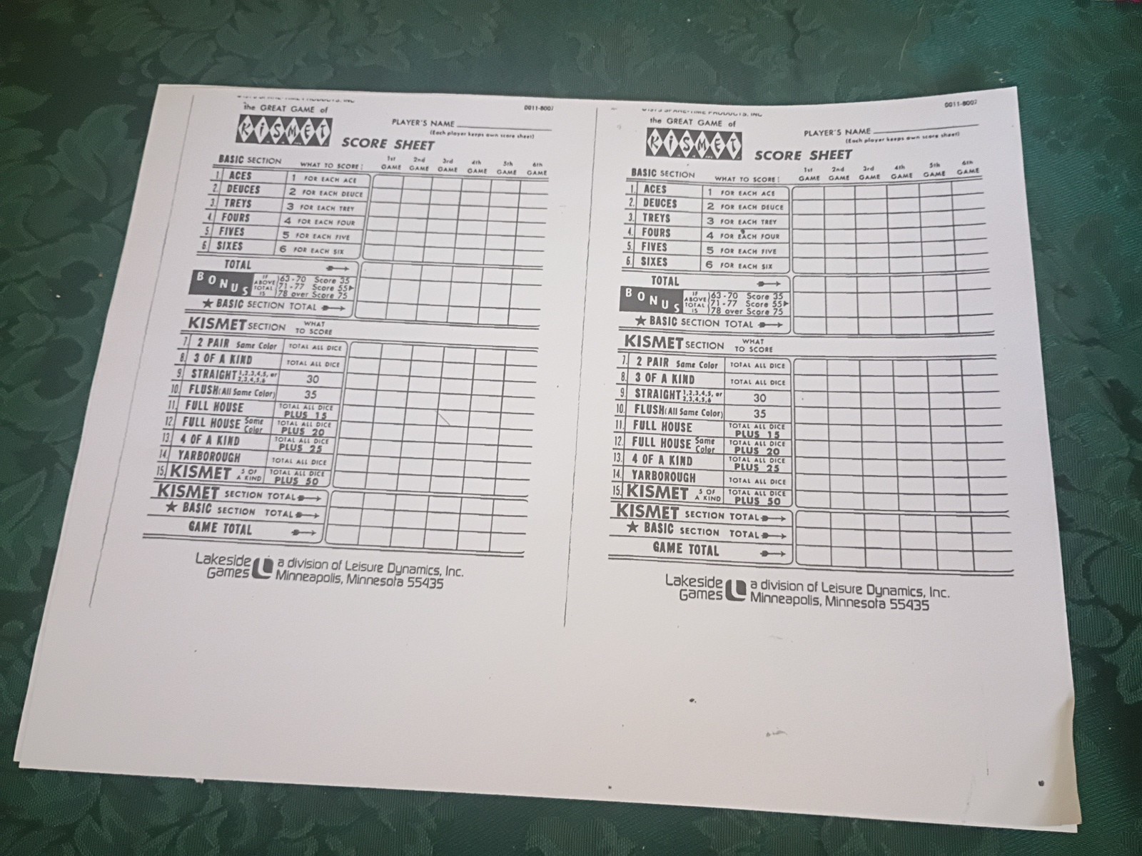 Ten Printed Sheets Of Kismet Score Cards