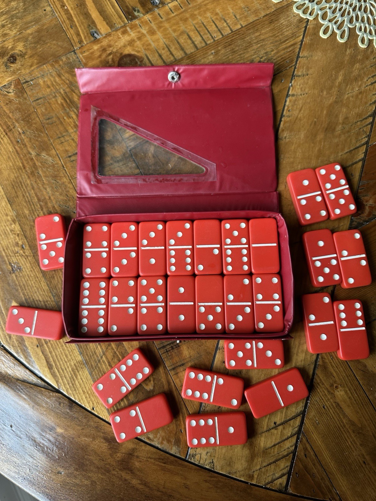 Vintage Red Double Six Dominoes Set of 28 Tile Game Complete W Vinyl Case, GUC